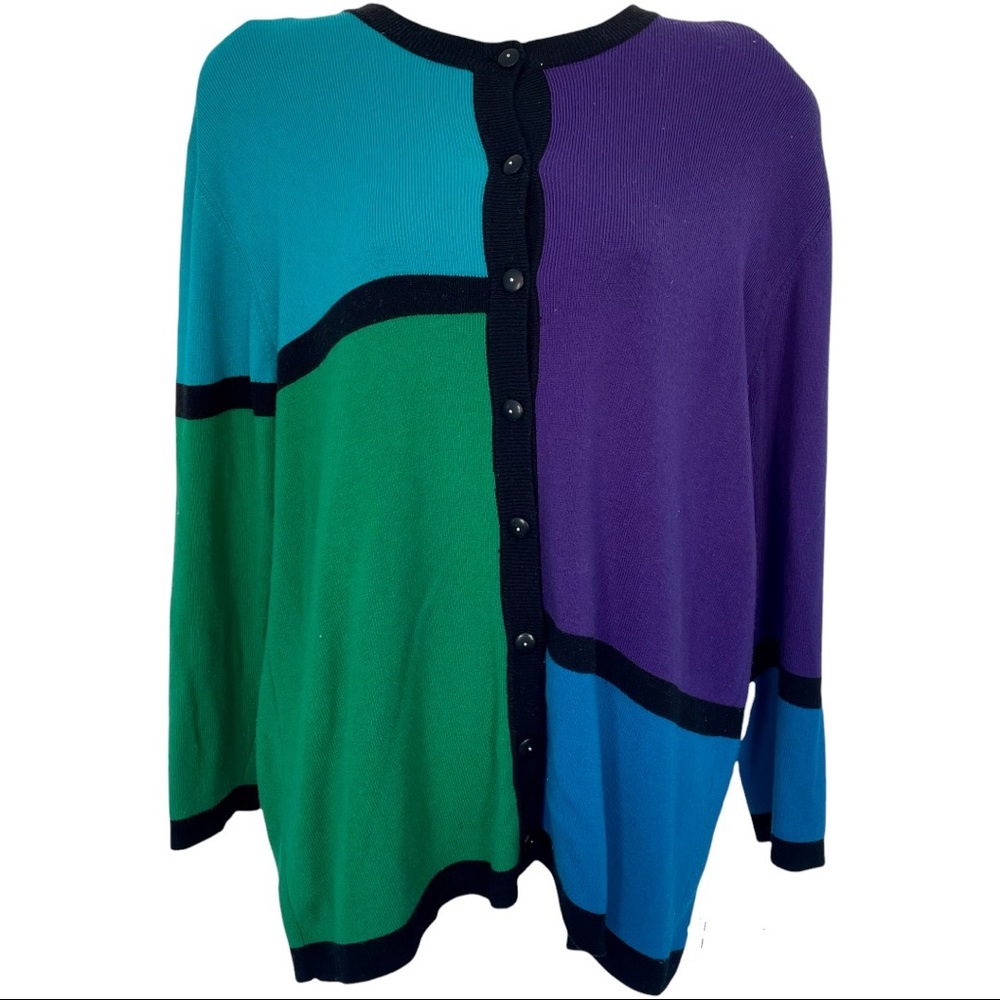 Vintage Blast Studio Cardigan Sweater Color Block Button Green Blue Teal Purple